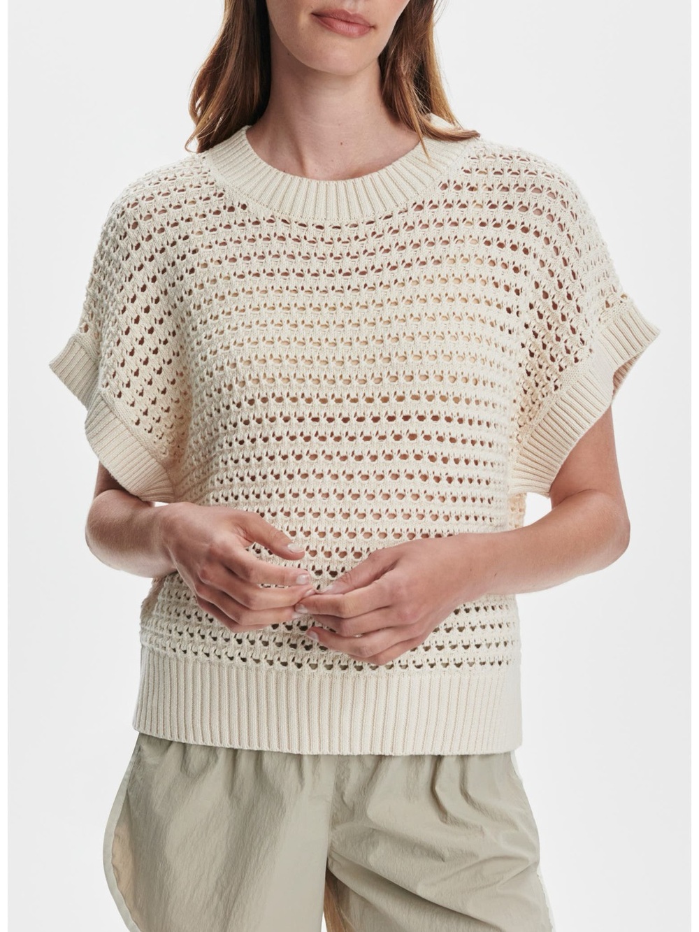 Varley ivory Julianna Open Knit Short Sleeve Sweater size large beach boho